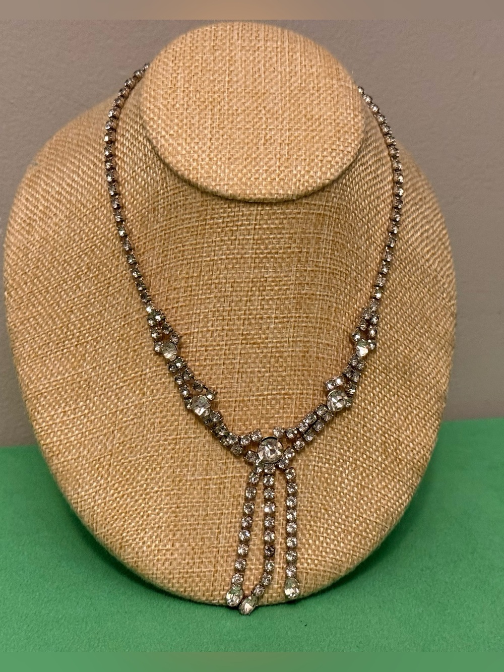 Vintage Rhinestone  Silver-Tone Crystal Drop Necklace